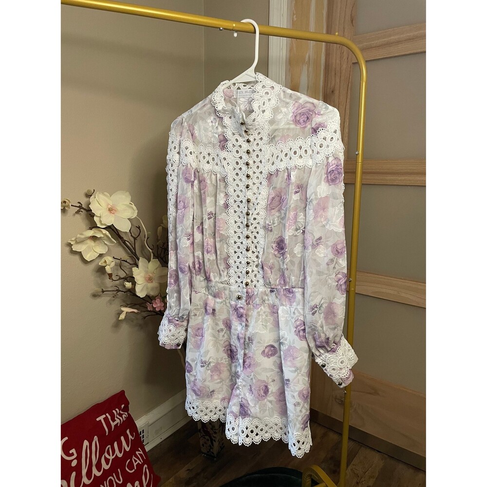 Muy Muy Lace Embroidered Romper Sheer White Purple High Neck Sz Small - Picture 4 of 9
